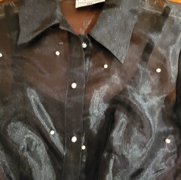 Joseph Ribkoff Black Sheer Organza Blouse Faux Pearls Bell Sleeve Tie Waist NWT4 - Picture 8 of 13